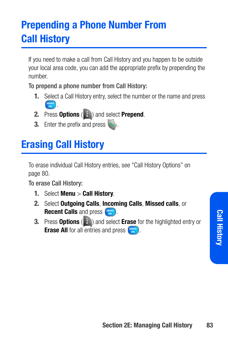 Prepending a phone number from call history, Erasing call history | Samsung SEPA920WSAQST User Manual | Page 105 / 246