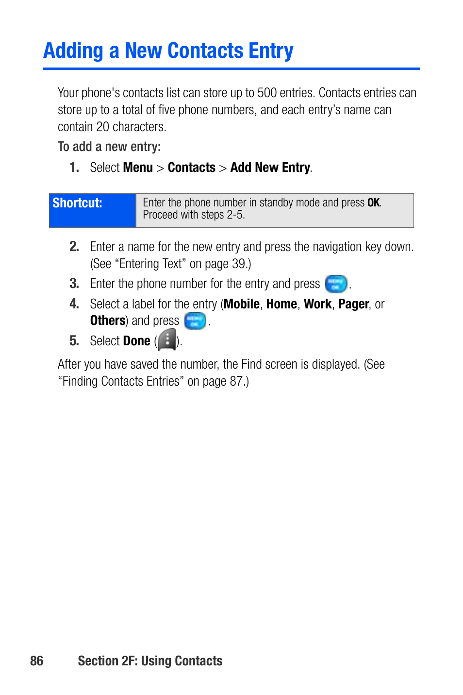 Adding a new contacts entry | Samsung SEPA920WSAQST User Manual | Page 108 / 246