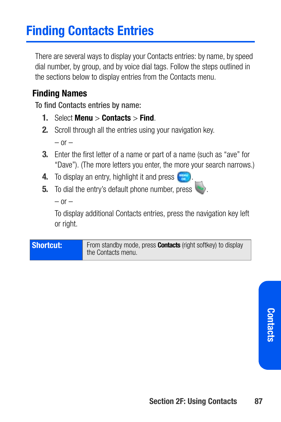 Finding contacts entries | Samsung SEPA920WSAQST User Manual | Page 109 / 246