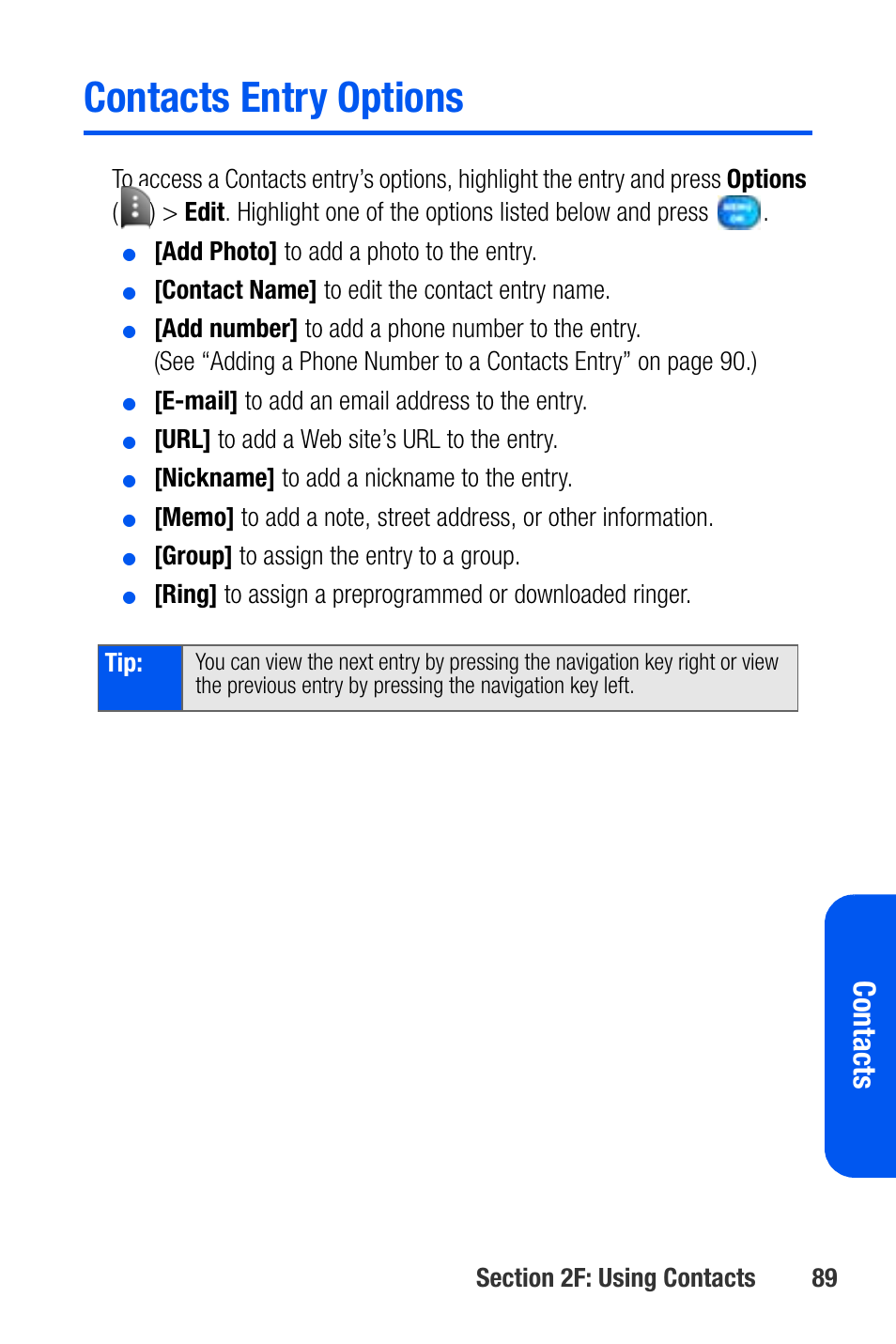 Contacts entry options, Con tacts | Samsung SEPA920WSAQST User Manual | Page 111 / 246