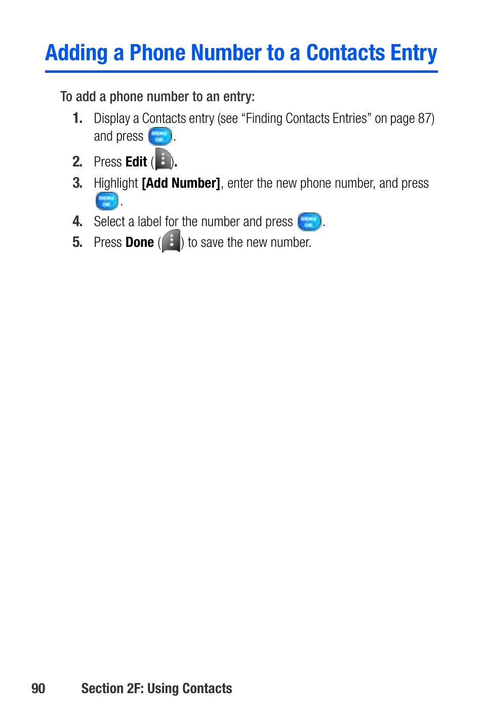 Adding a phone number to a contacts entry | Samsung SEPA920WSAQST User Manual | Page 112 / 246
