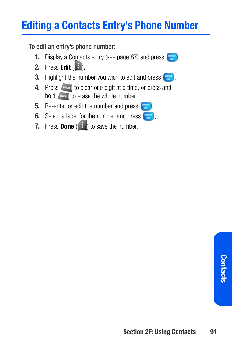 Editing a contacts entry’s phone number | Samsung SEPA920WSAQST User Manual | Page 113 / 246