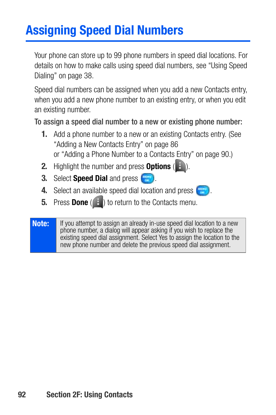 Assigning speed dial numbers | Samsung SEPA920WSAQST User Manual | Page 114 / 246