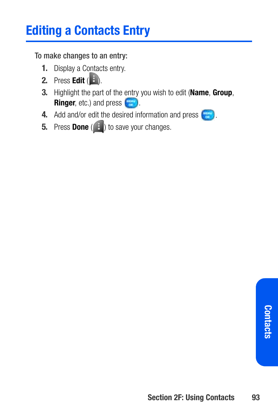 Editing a contacts entry | Samsung SEPA920WSAQST User Manual | Page 115 / 246