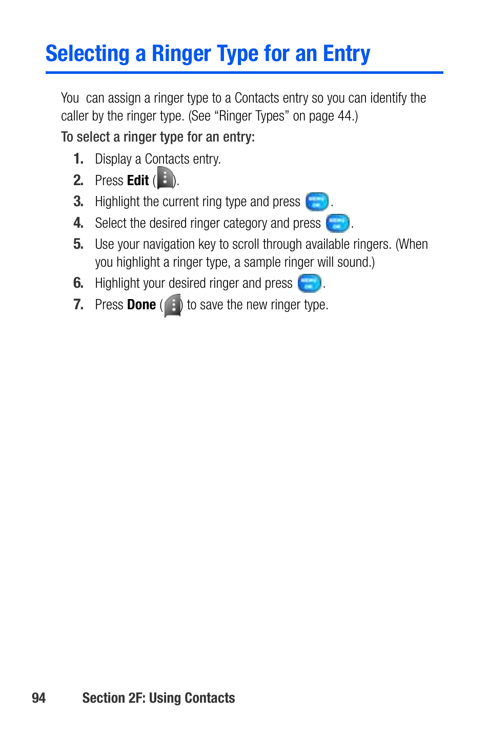 Selecting a ringer type for an entry | Samsung SEPA920WSAQST User Manual | Page 116 / 246