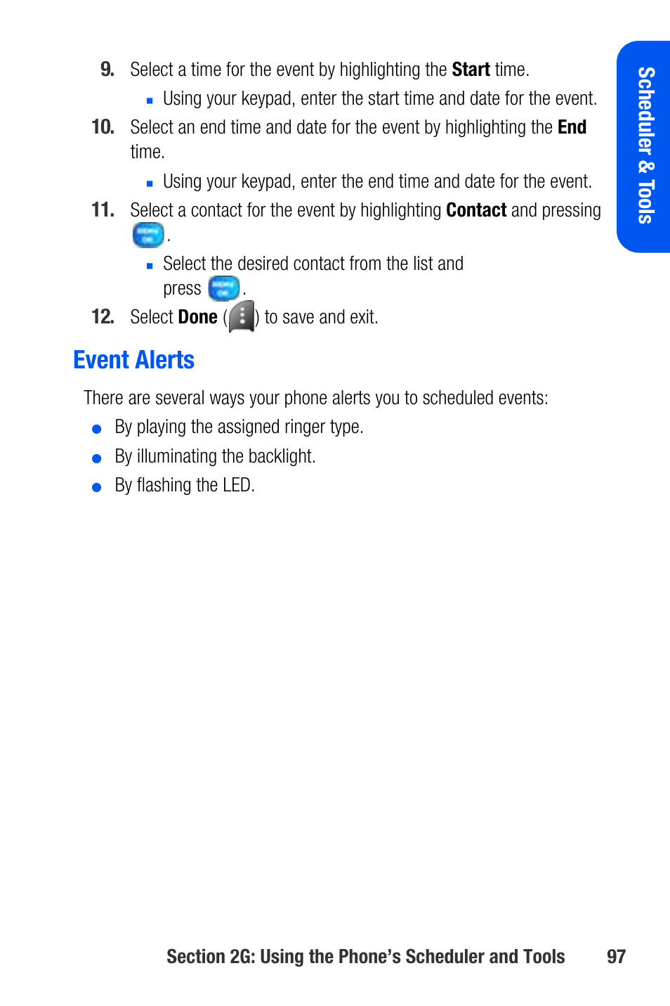 Event alerts, Sc heduler & t ools | Samsung SEPA920WSAQST User Manual | Page 119 / 246