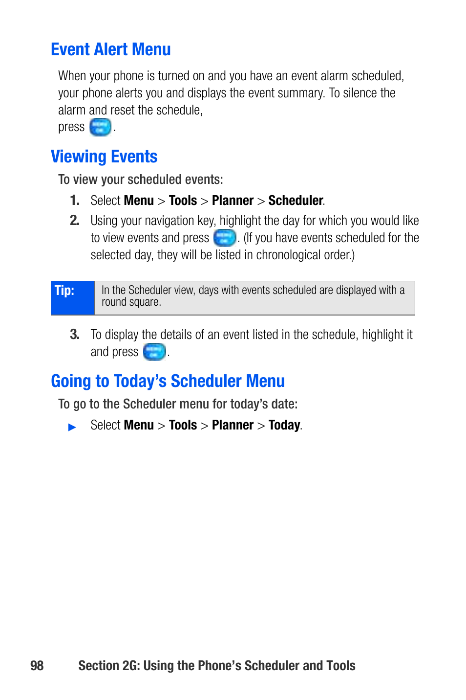Event alert menu, Viewing events, Going to today’s scheduler menu | Samsung SEPA920WSAQST User Manual | Page 120 / 246