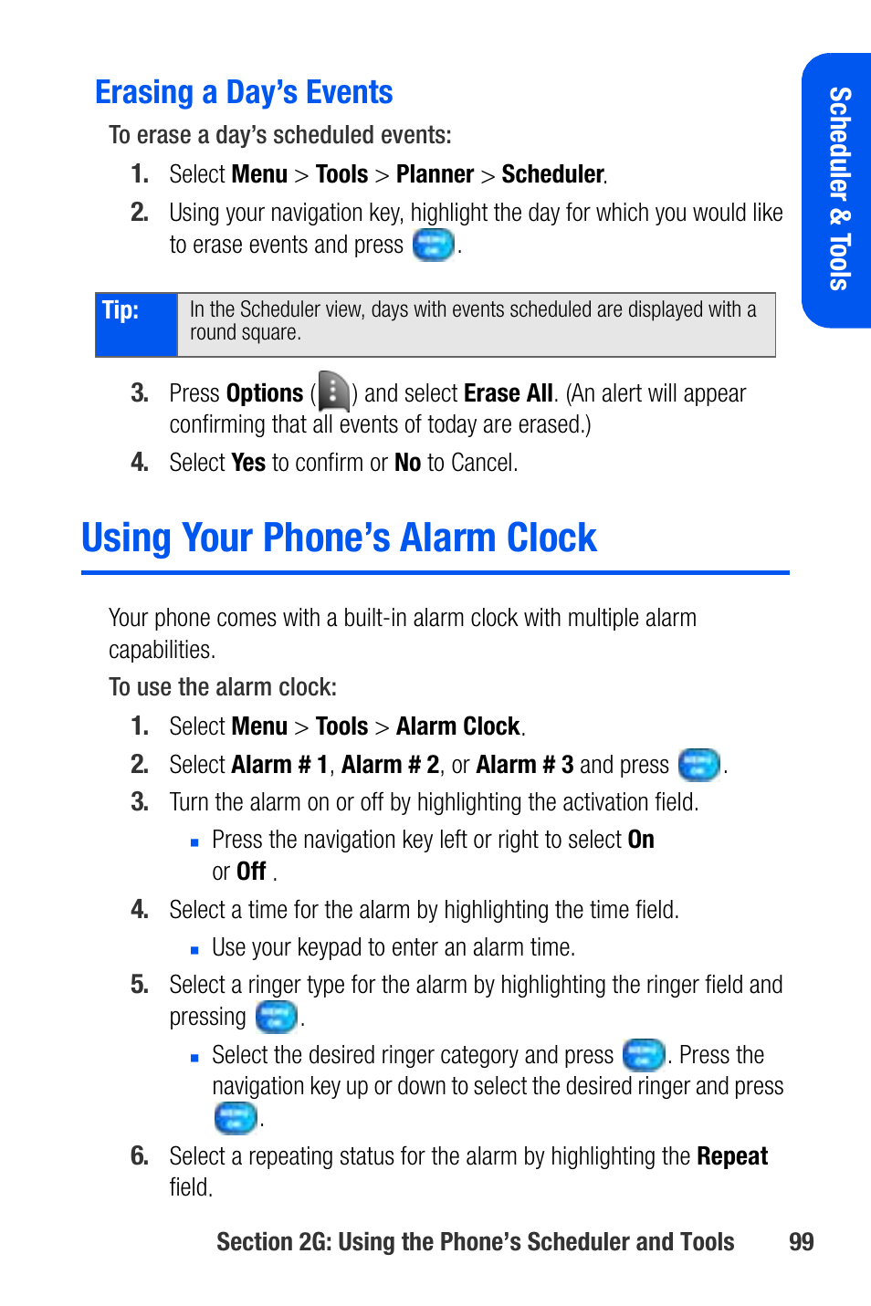 Erasing a day’s events, Using your phone’s alarm clock | Samsung SEPA920WSAQST User Manual | Page 121 / 246