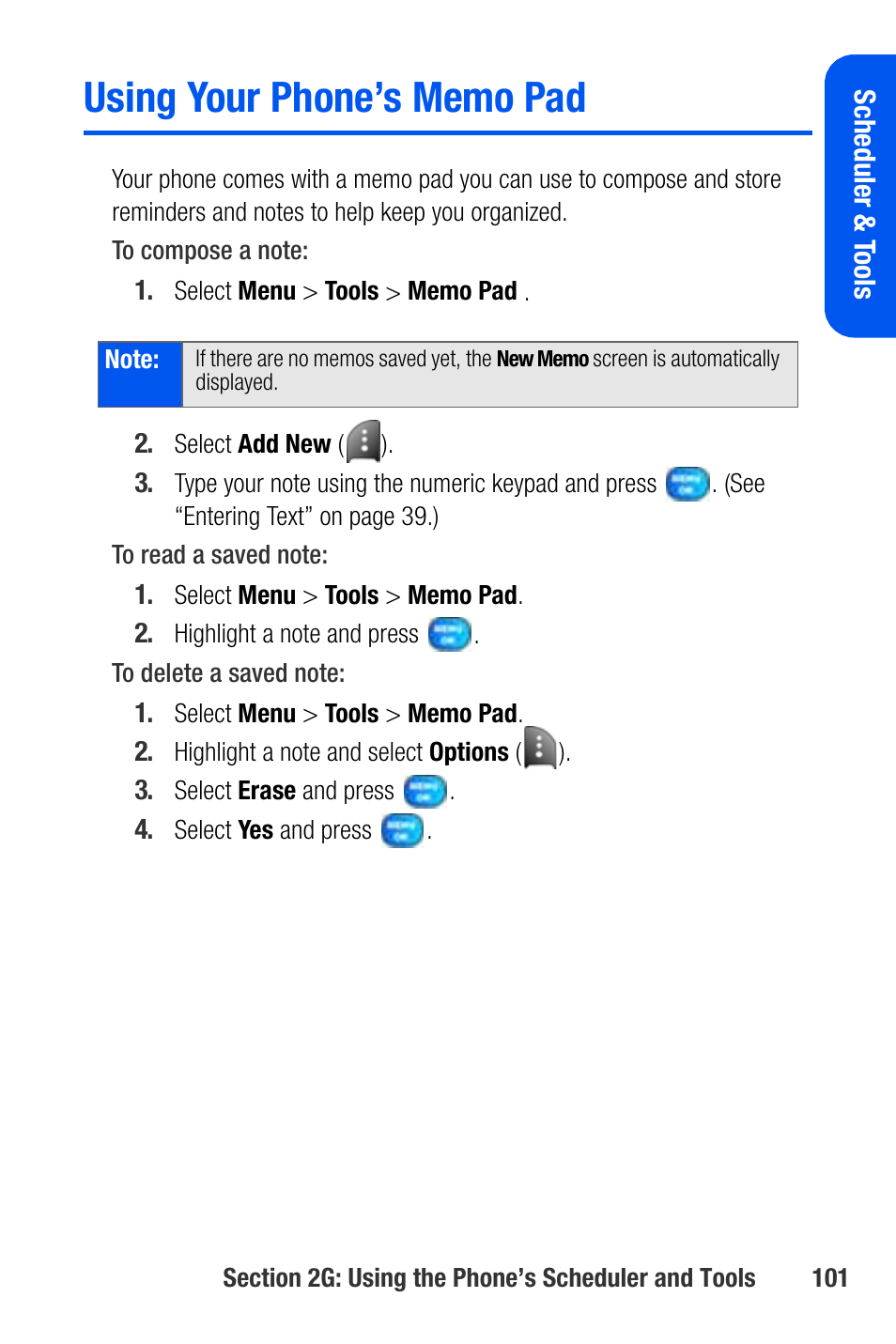Using your phone’s memo pad | Samsung SEPA920WSAQST User Manual | Page 123 / 246