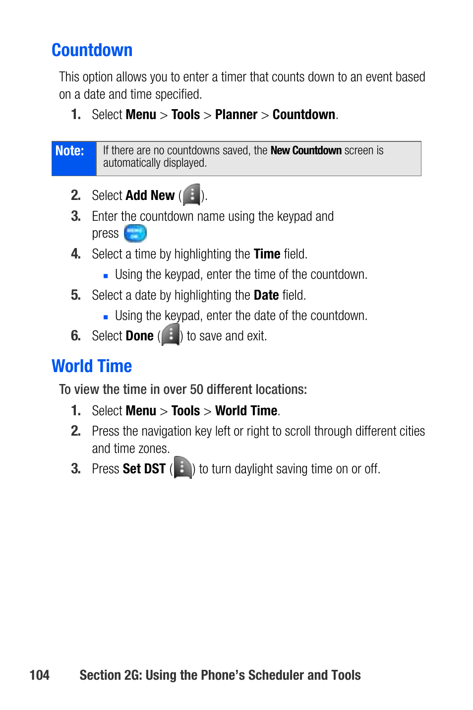 Countdown, World time | Samsung SEPA920WSAQST User Manual | Page 126 / 246