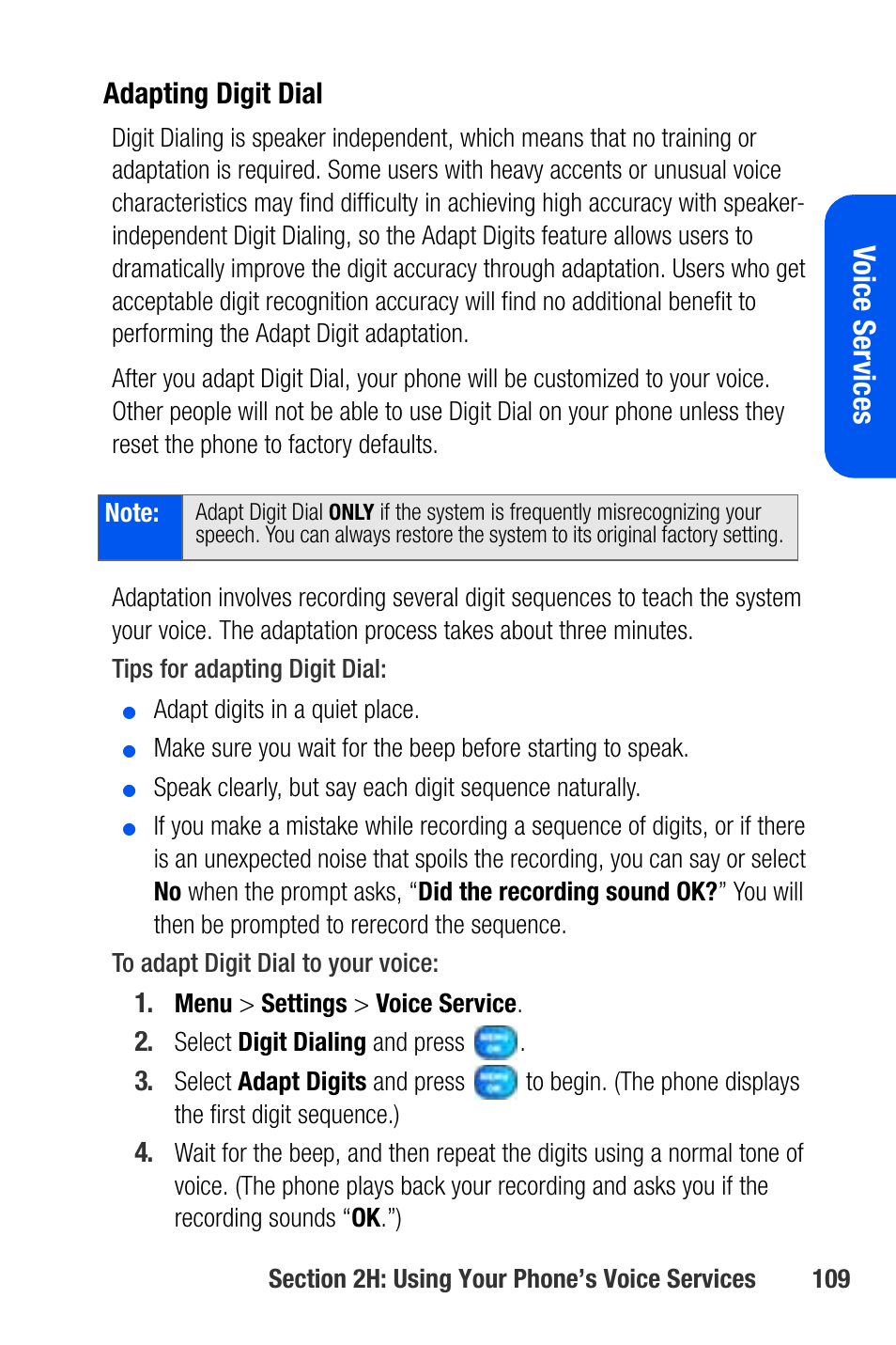 Vo ice ser vice s, Adapting digit dial | Samsung SEPA920WSAQST User Manual | Page 131 / 246