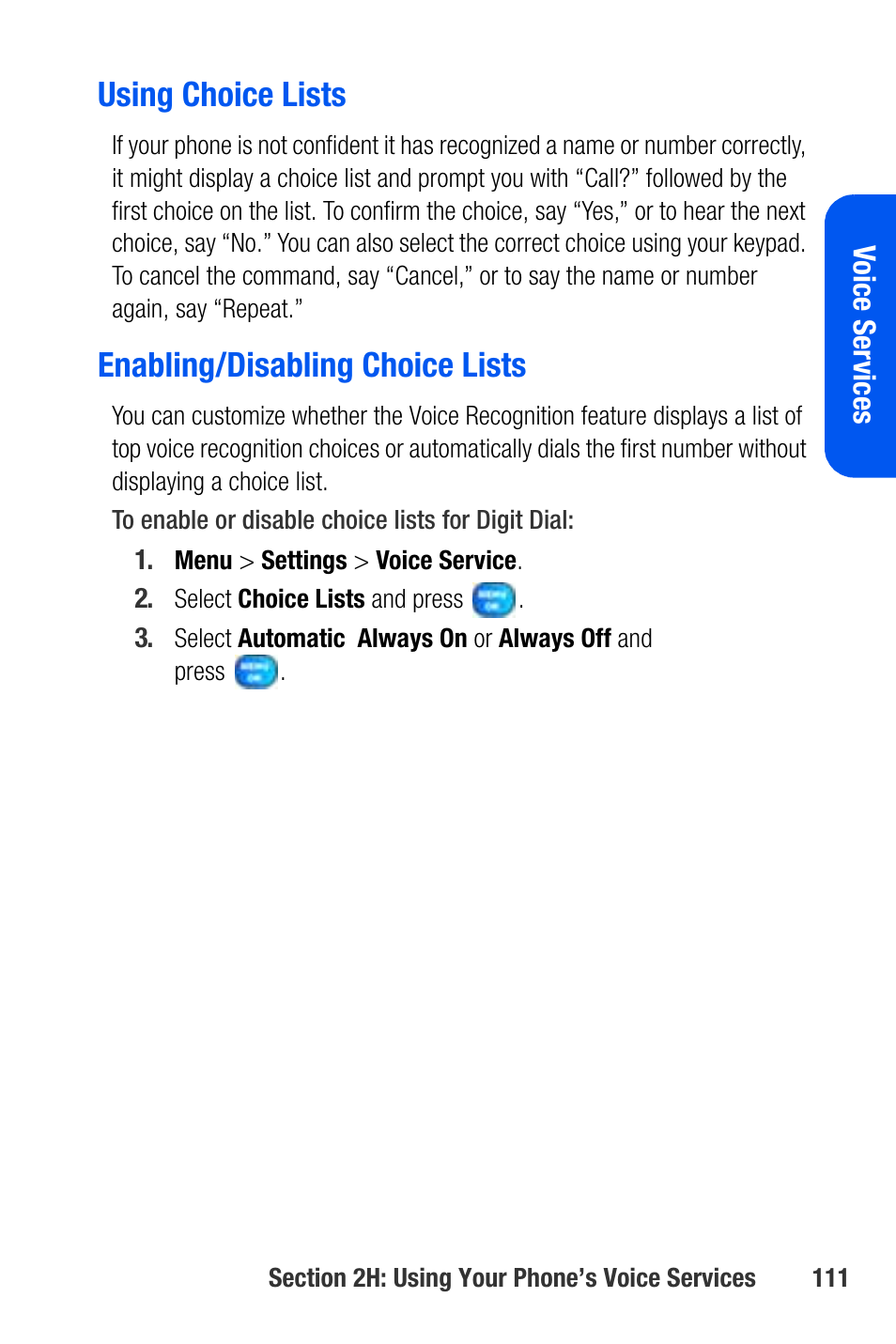 Using choice lists, Enabling/disabling choice lists | Samsung SEPA920WSAQST User Manual | Page 133 / 246