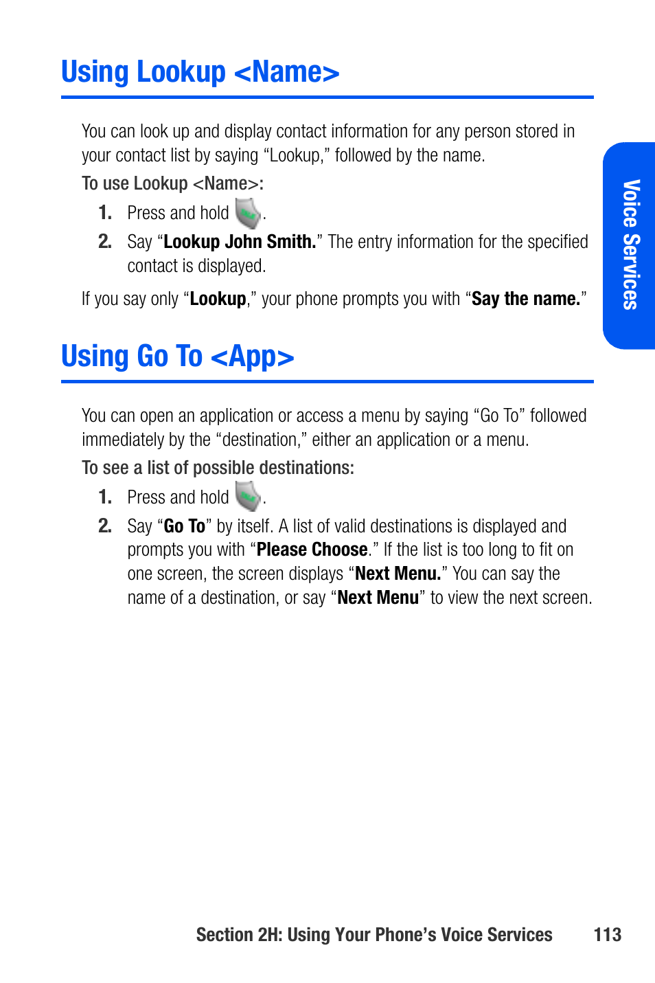 Using lookup <name, Using go to <app | Samsung SEPA920WSAQST User Manual | Page 135 / 246
