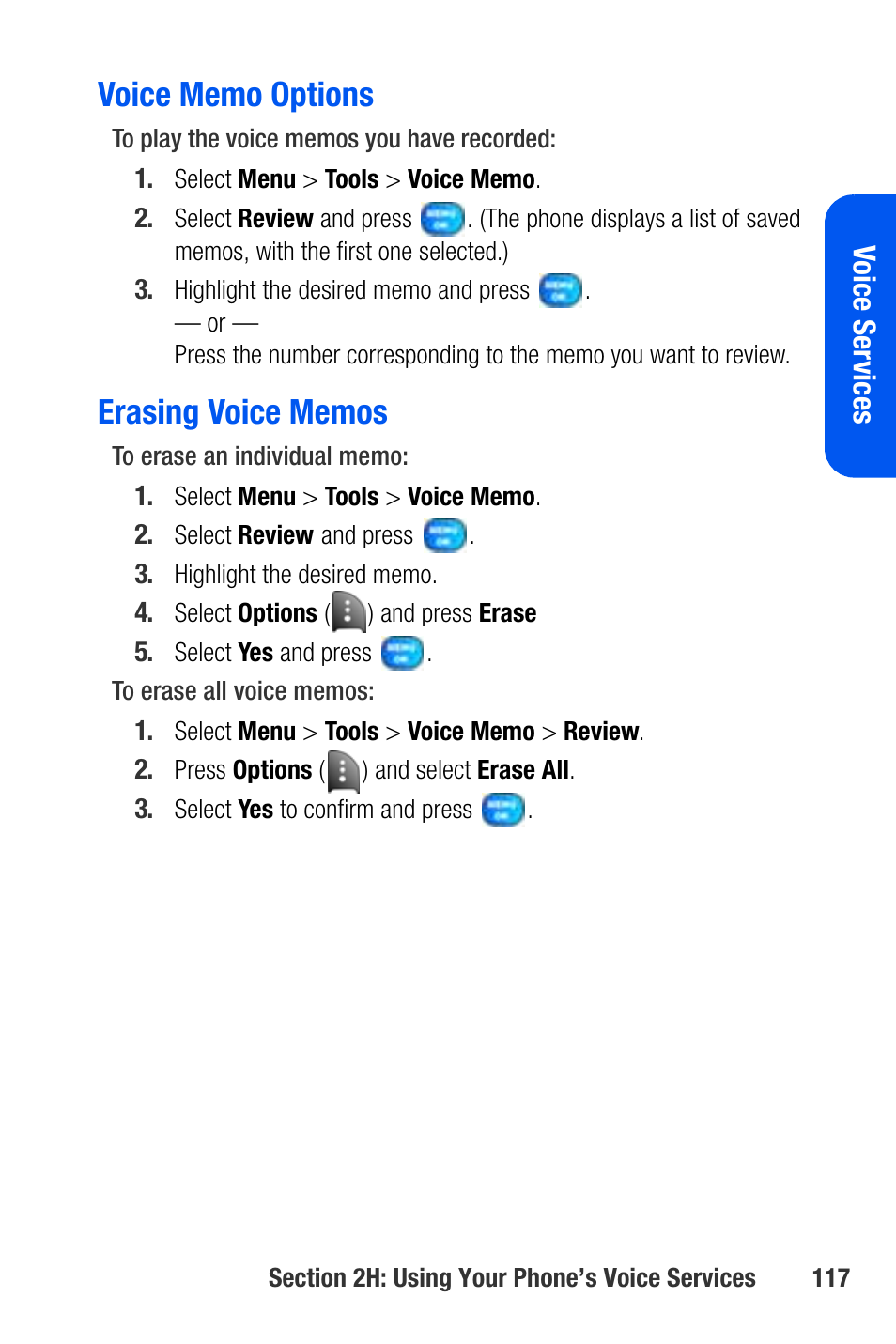Voice memo options, Erasing voice memos | Samsung SEPA920WSAQST User Manual | Page 139 / 246