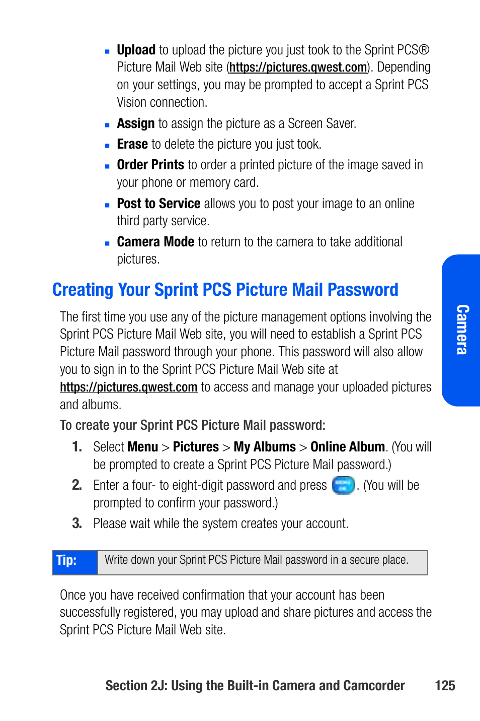 Creating your sprint pcs picture mail password, Cam e ra | Samsung SEPA920WSAQST User Manual | Page 147 / 246