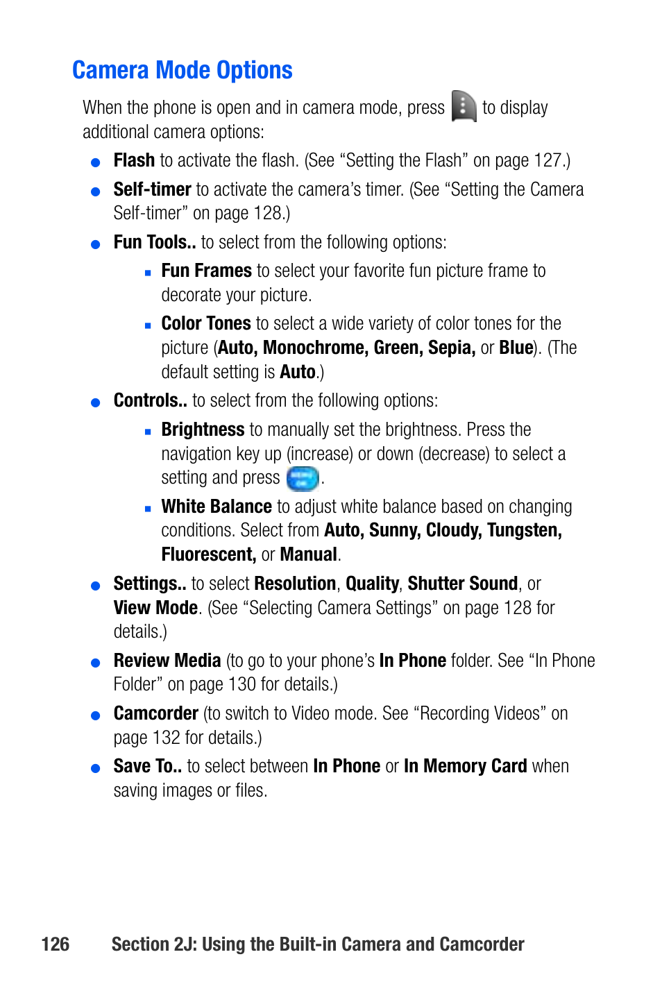 Camera mode options, Fun tools.. to select from the following options, Controls.. to select from the following options | Samsung SEPA920WSAQST User Manual | Page 148 / 246