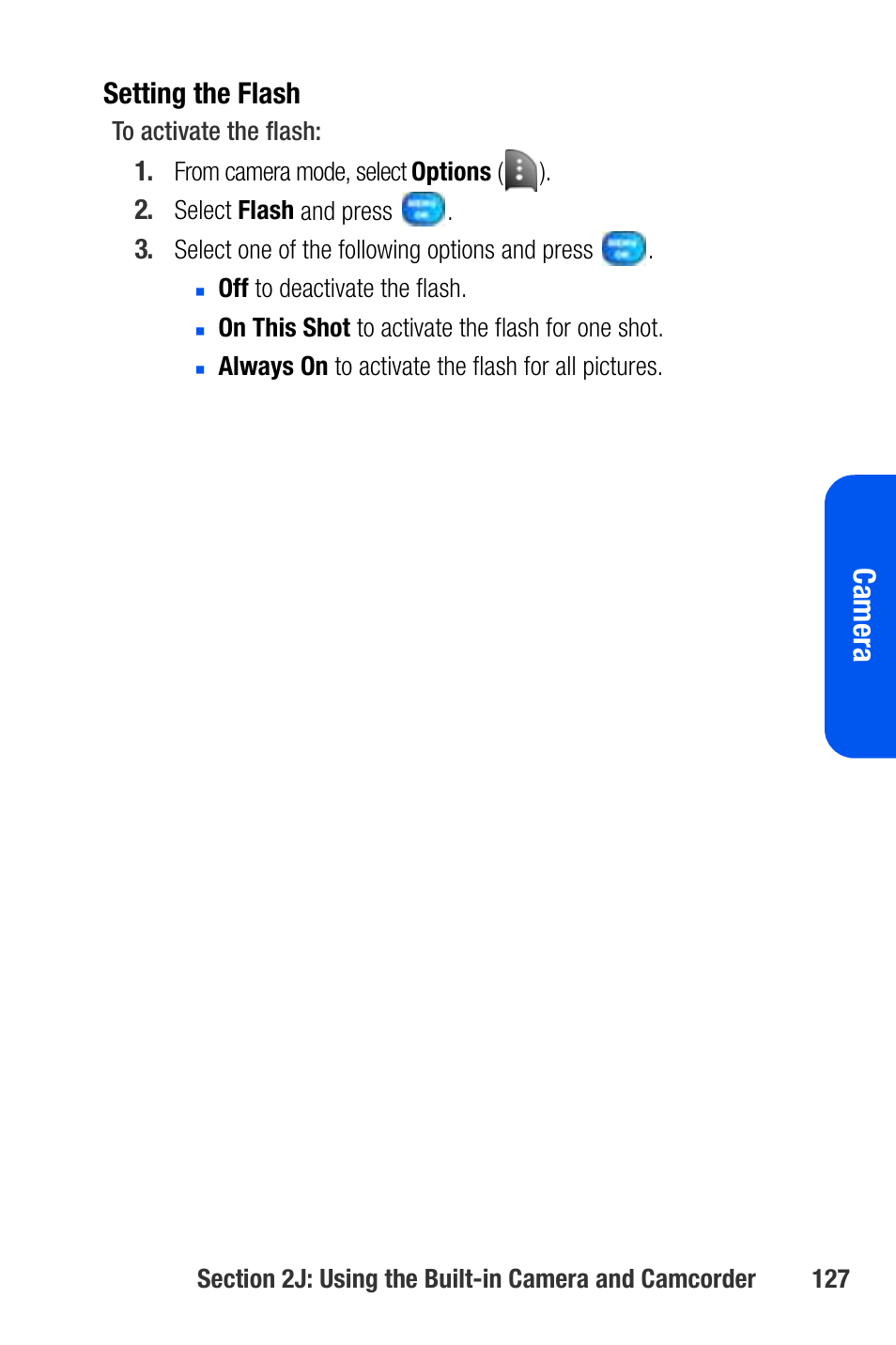 Cam e ra, Setting the flash | Samsung SEPA920WSAQST User Manual | Page 149 / 246