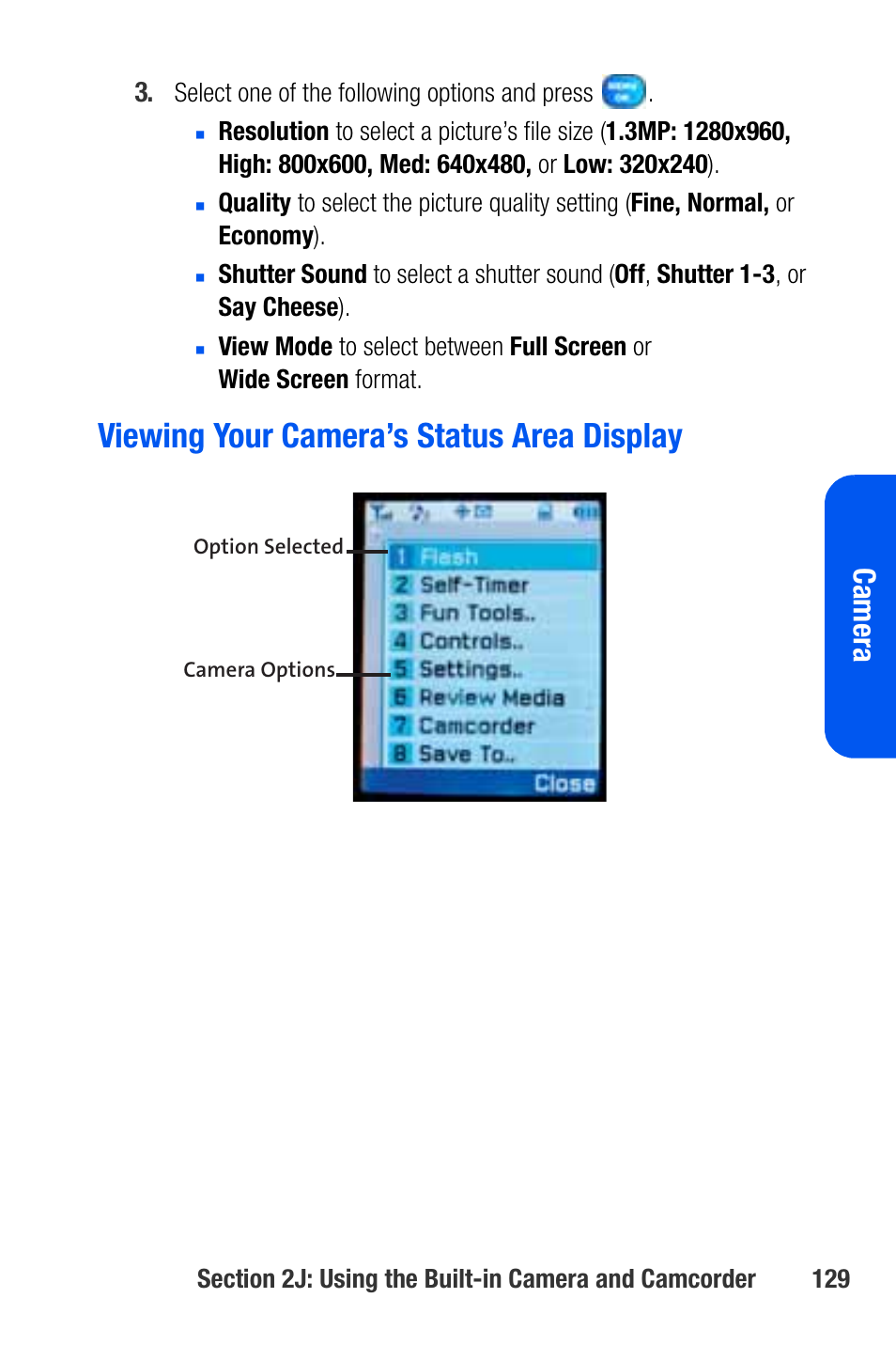 Viewing your camera’s status area display, Cam e ra | Samsung SEPA920WSAQST User Manual | Page 151 / 246