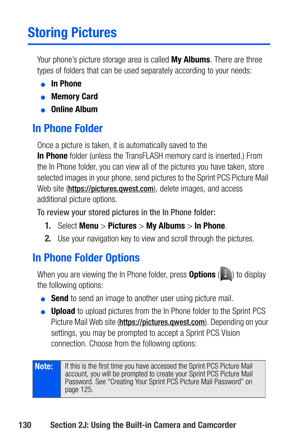 Storing pictures, In phone folder, In phone folder options | Samsung SEPA920WSAQST User Manual | Page 152 / 246