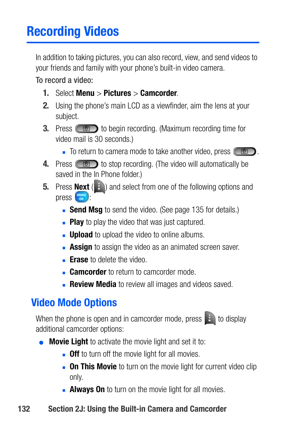 Recording videos, Video mode options | Samsung SEPA920WSAQST User Manual | Page 154 / 246