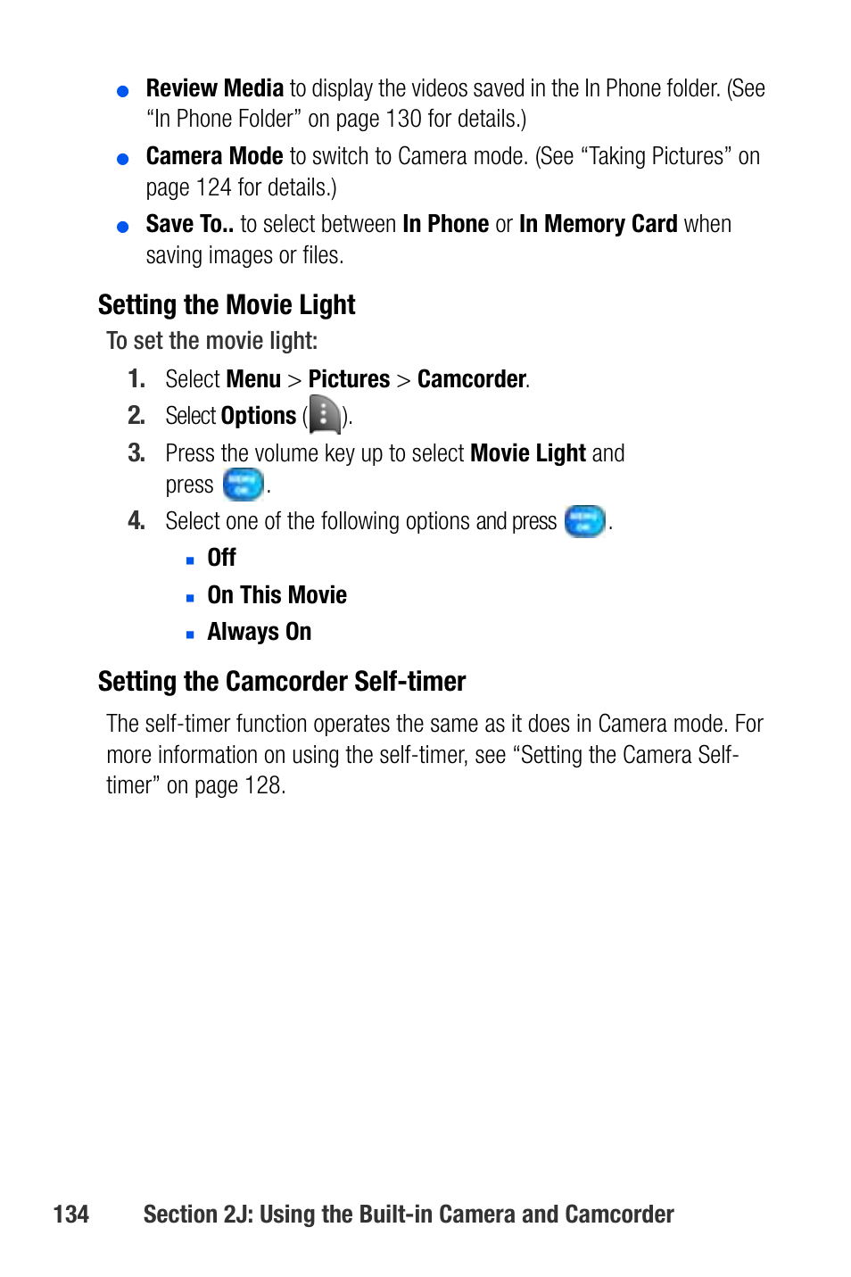 Setting the movie light, Setting the camcorder self-timer | Samsung SEPA920WSAQST User Manual | Page 156 / 246