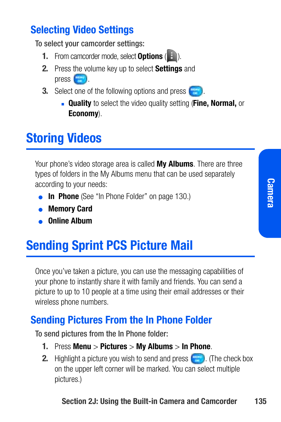 Selecting video settings, Storing videos, Sending sprint pcs picture mail | Sending pictures from the in phone folder | Samsung SEPA920WSAQST User Manual | Page 157 / 246