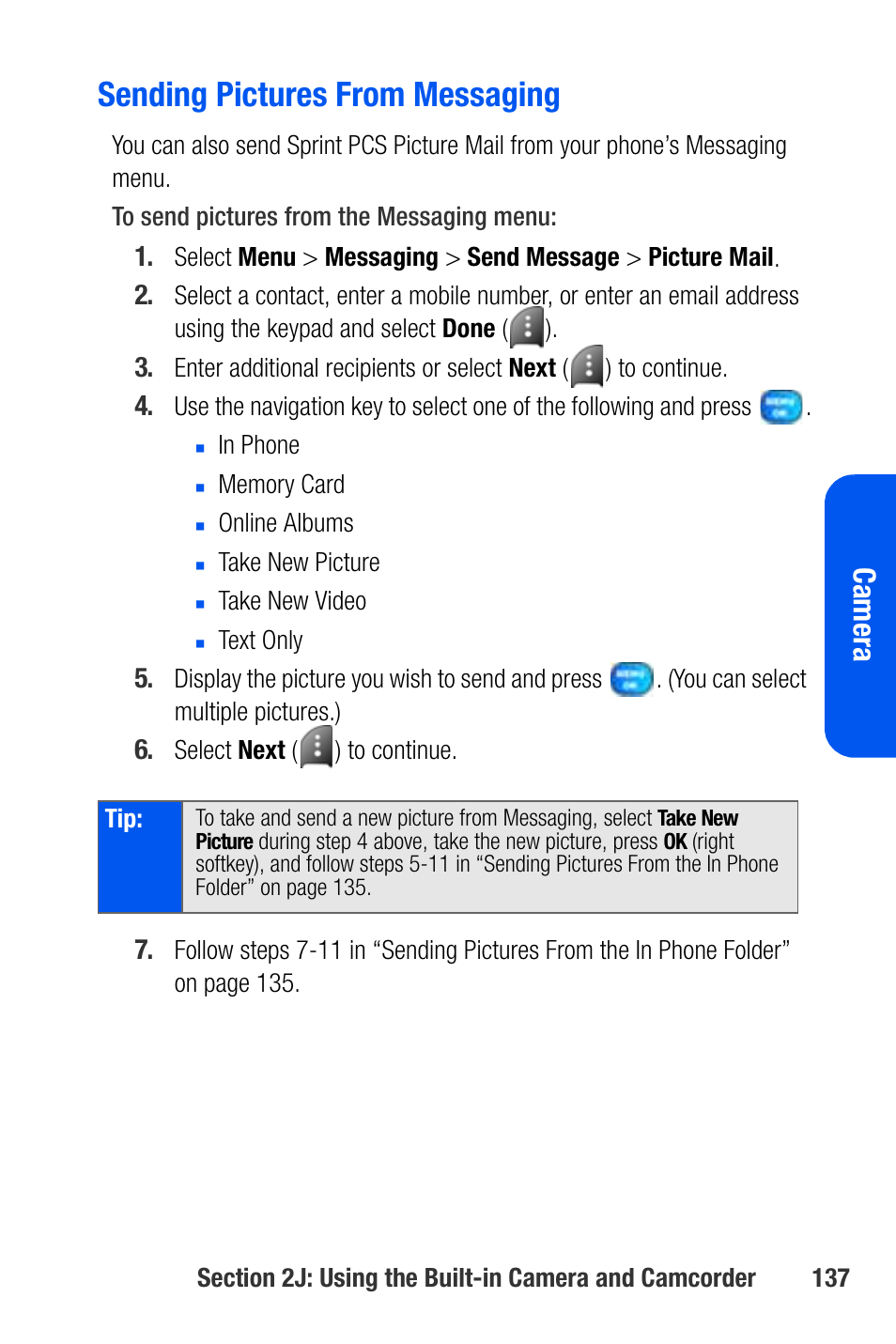 Sending pictures from messaging, Cam e ra | Samsung SEPA920WSAQST User Manual | Page 159 / 246