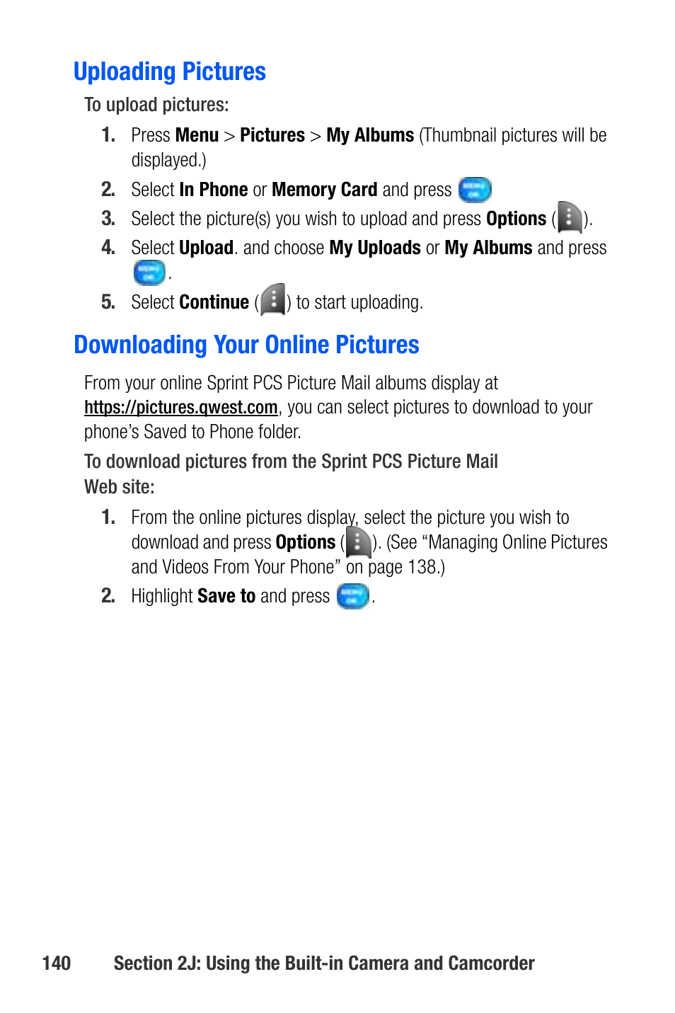 Uploading pictures, Downloading your online pictures | Samsung SEPA920WSAQST User Manual | Page 162 / 246
