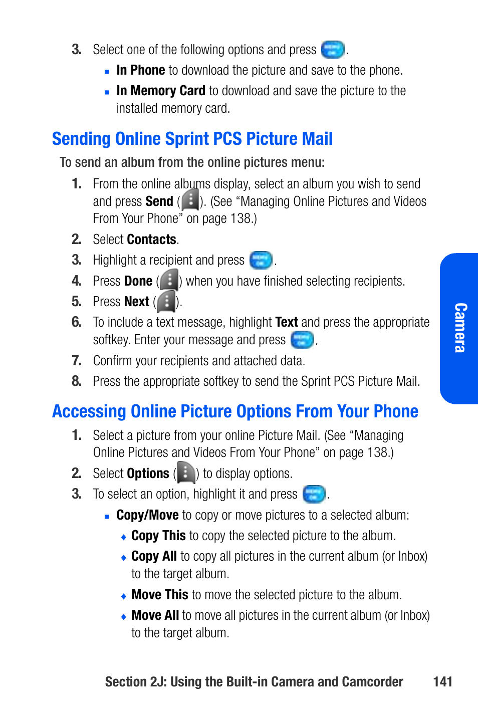 Sending online sprint pcs picture mail, Accessing online picture options from your phone, Cam e ra | Samsung SEPA920WSAQST User Manual | Page 163 / 246