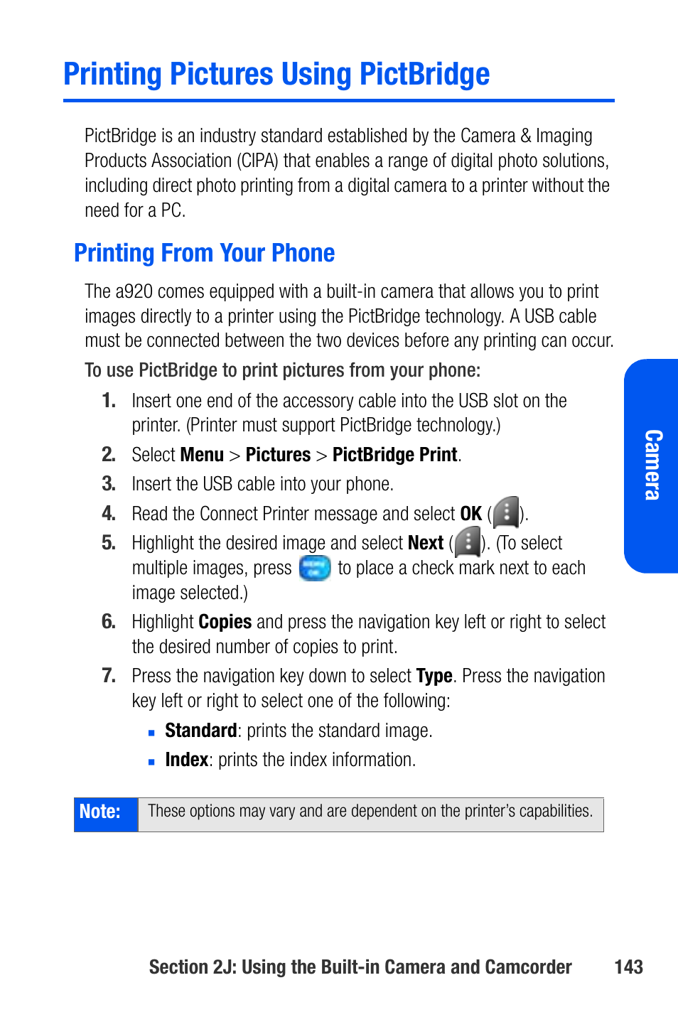 Printing pictures using pictbridge, Printing from your phone | Samsung SEPA920WSAQST User Manual | Page 165 / 246