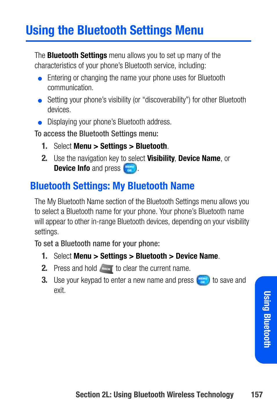 Using the bluetooth settings menu, Bluetooth settings: my bluetooth name | Samsung SEPA920WSAQST User Manual | Page 179 / 246