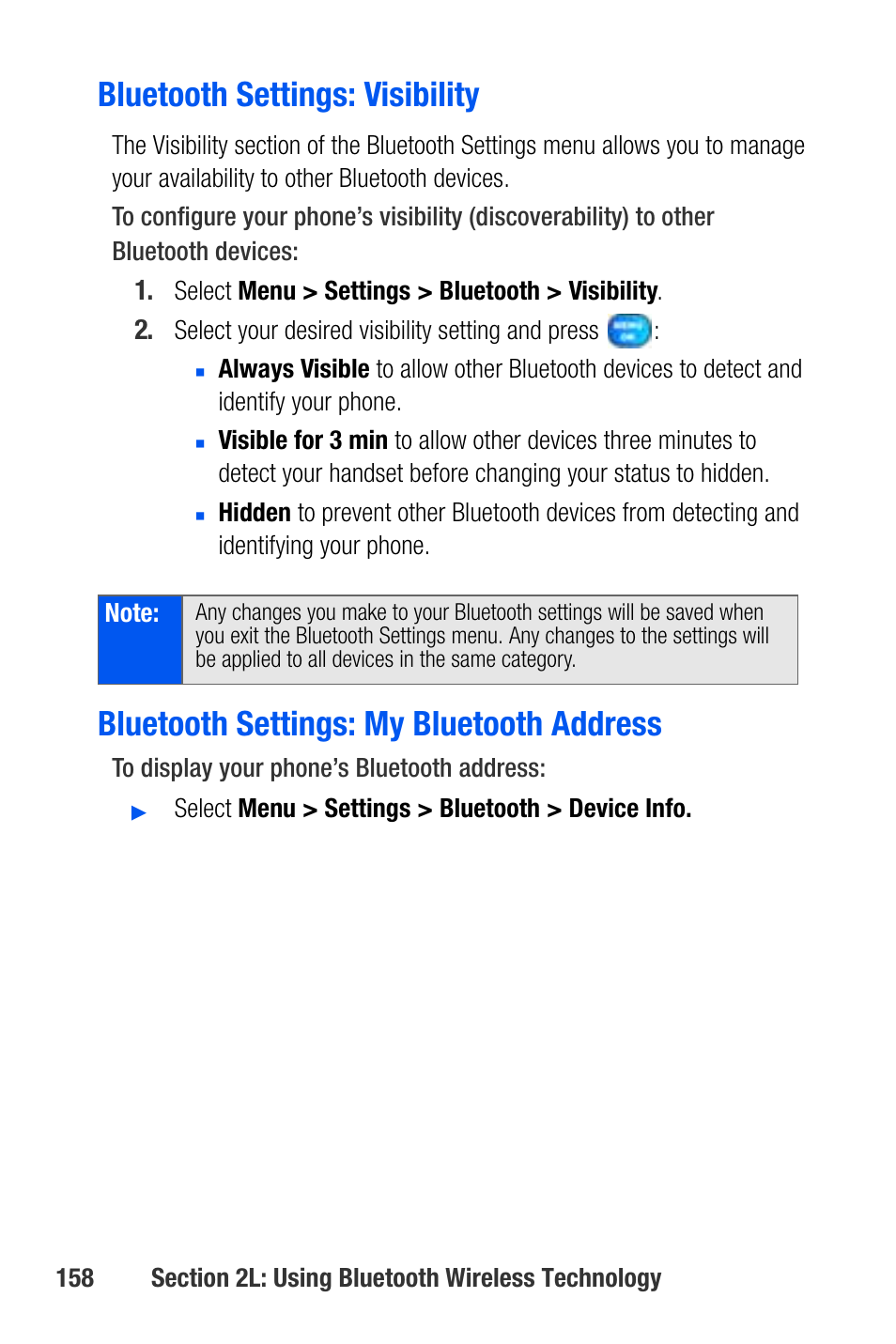 Bluetooth settings: visibility, Bluetooth settings: my bluetooth address | Samsung SEPA920WSAQST User Manual | Page 180 / 246