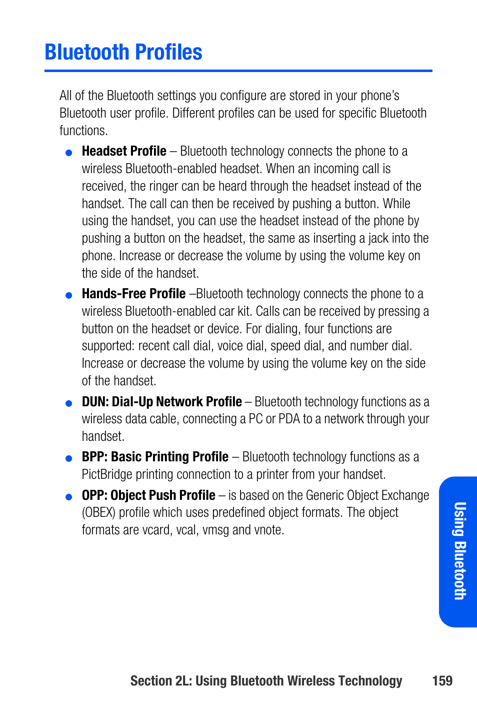 Bluetooth profiles, Usin g bl u e toot h | Samsung SEPA920WSAQST User Manual | Page 181 / 246