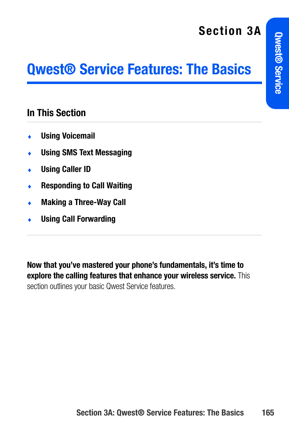 Qwest® service features: the basics, 3a. qwest® service features: the basics, Qwes t® ser vice | Samsung SEPA920WSAQST User Manual | Page 187 / 246