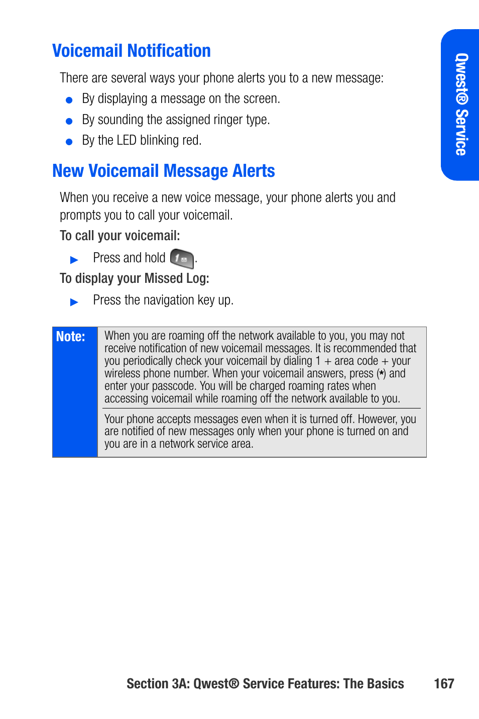 Voicemail notification, New voicemail message alerts, Qwes t® ser vice | Samsung SEPA920WSAQST User Manual | Page 189 / 246