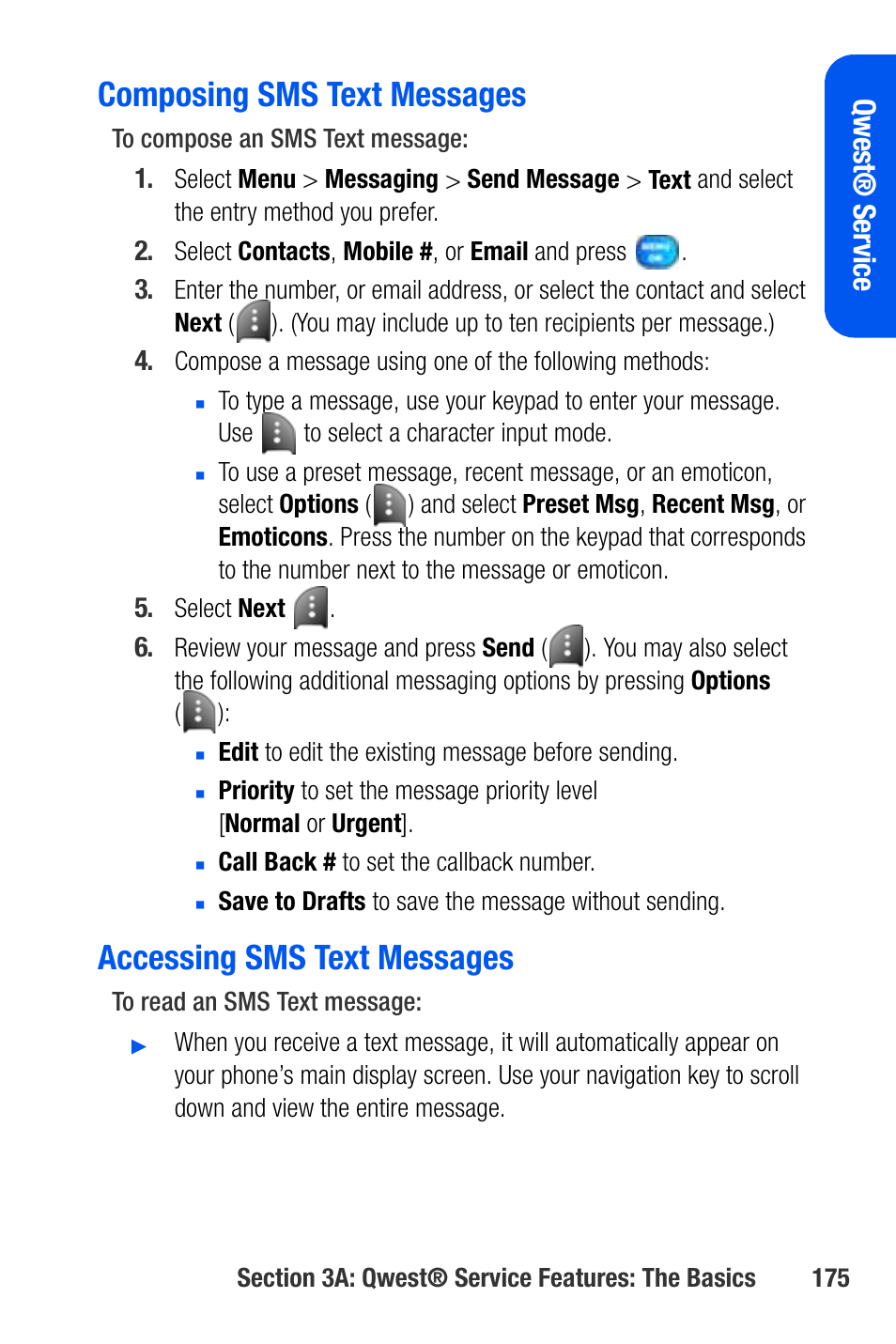 Composing sms text messages, Accessing sms text messages, Qwes t® ser vice | Samsung SEPA920WSAQST User Manual | Page 197 / 246