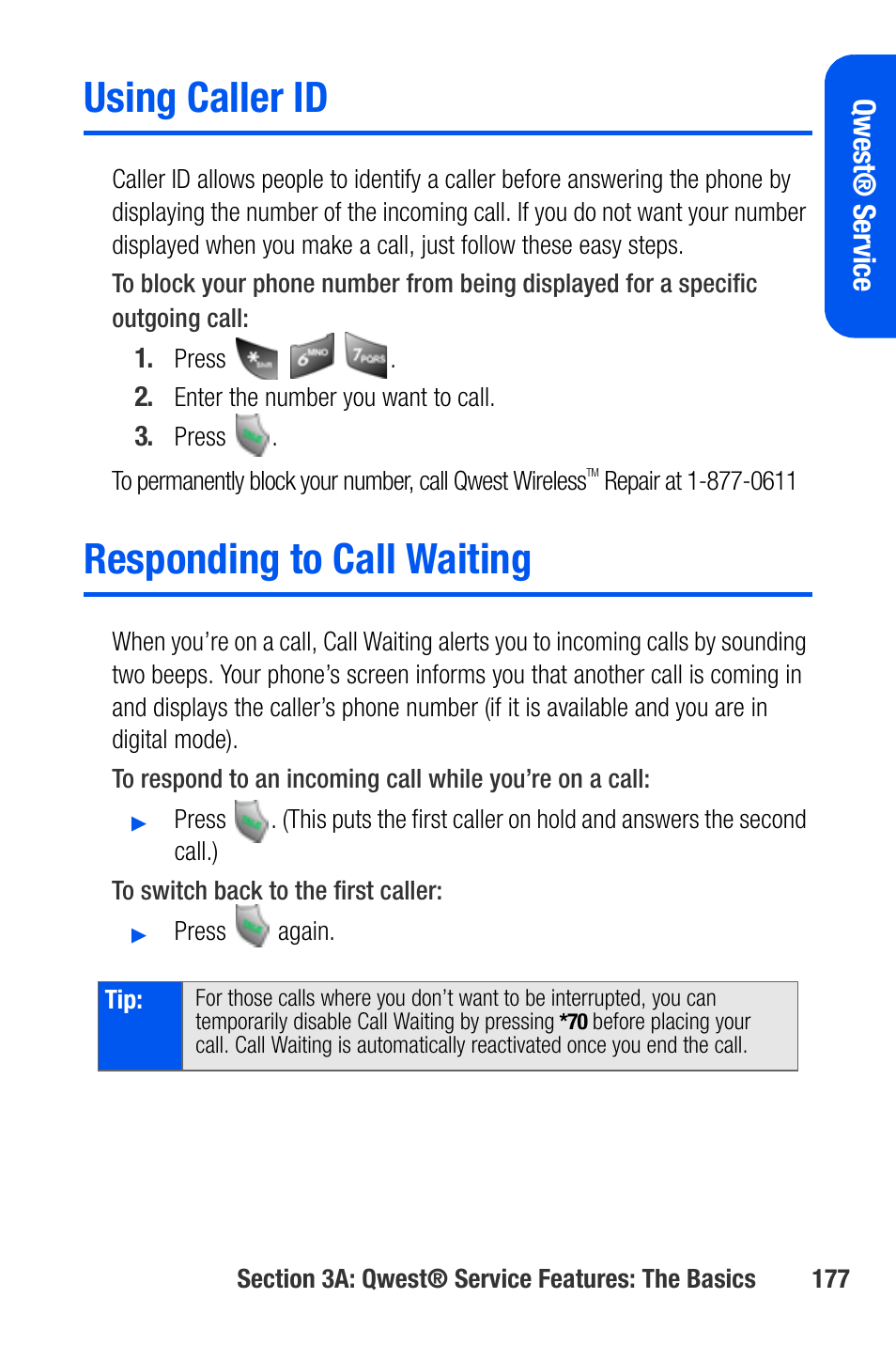Using caller id, Responding to call waiting, Qwes t® ser vice | Samsung SEPA920WSAQST User Manual | Page 199 / 246