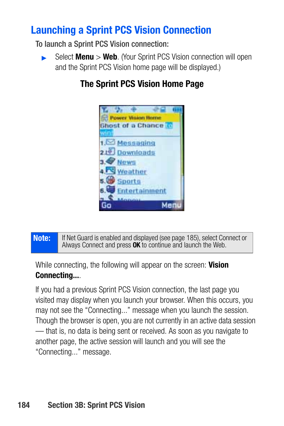 Launching a sprint pcs vision connection, The sprint pcs vision home page | Samsung SEPA920WSAQST User Manual | Page 206 / 246