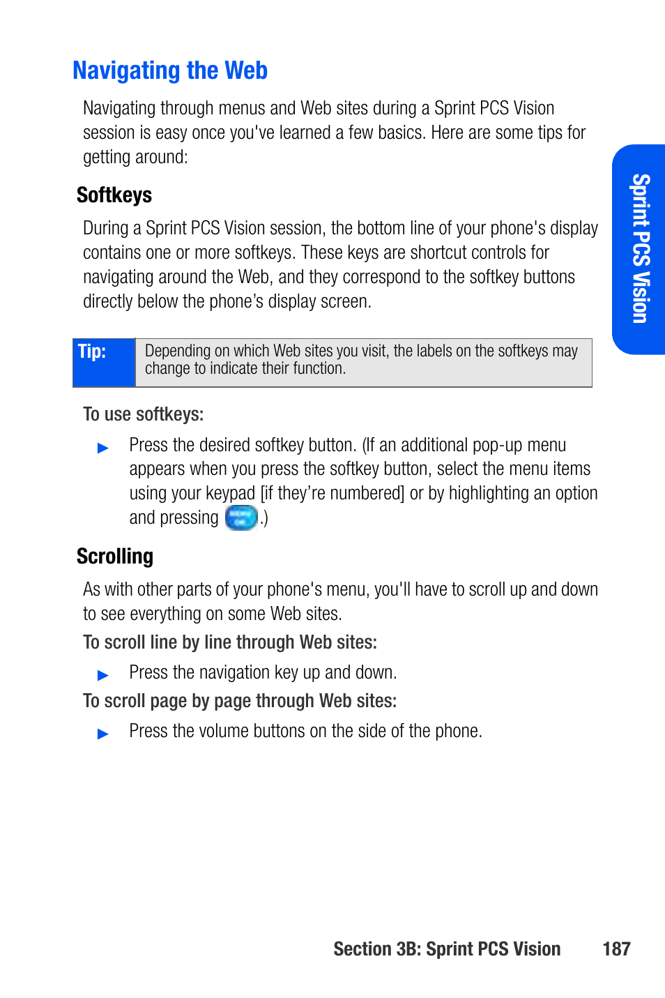 Navigating the web, Sprint pcs v ision, Softkeys | Scrolling | Samsung SEPA920WSAQST User Manual | Page 209 / 246