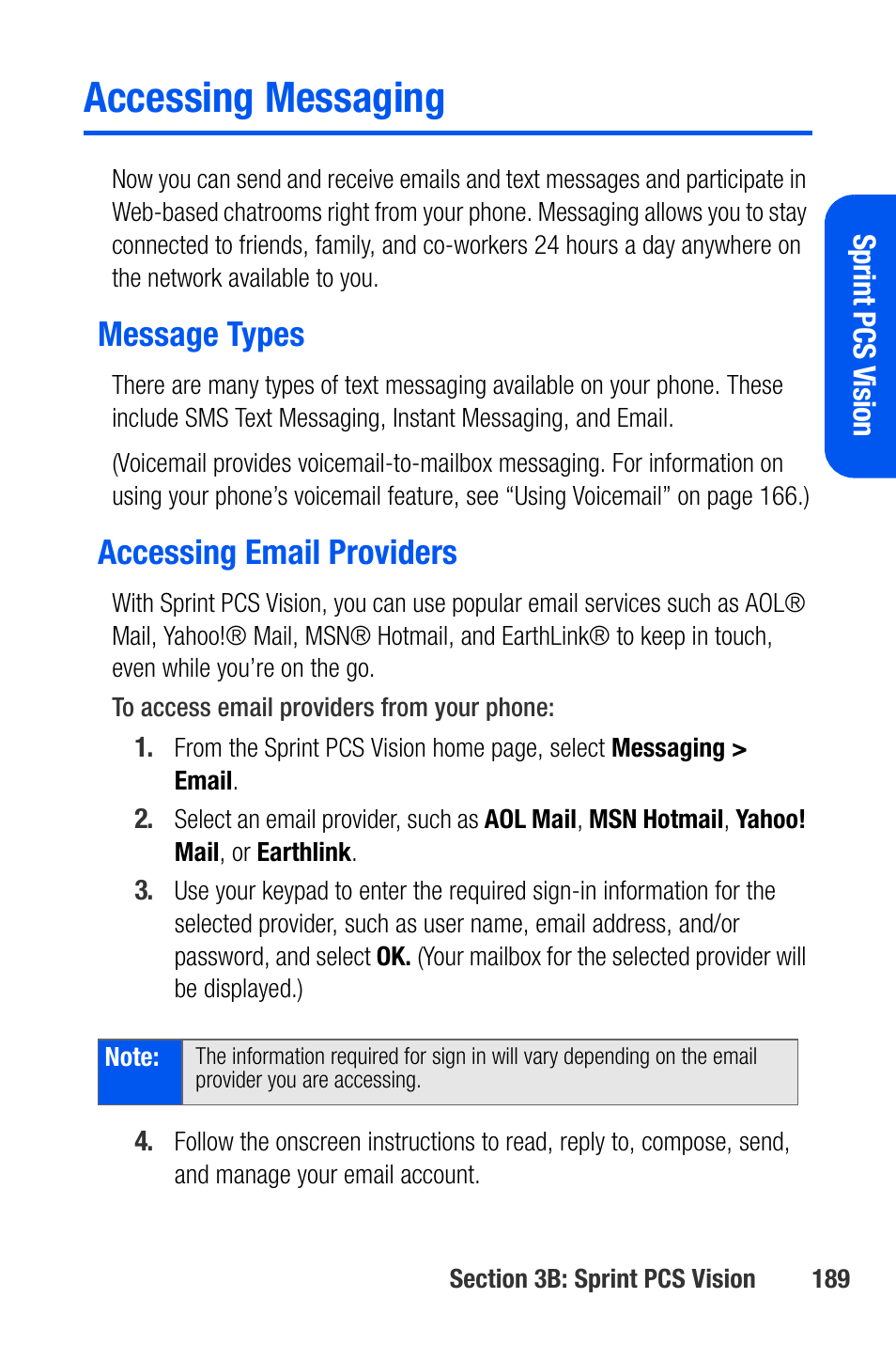 Accessing messaging, Message types, Accessing email providers | Samsung SEPA920WSAQST User Manual | Page 211 / 246