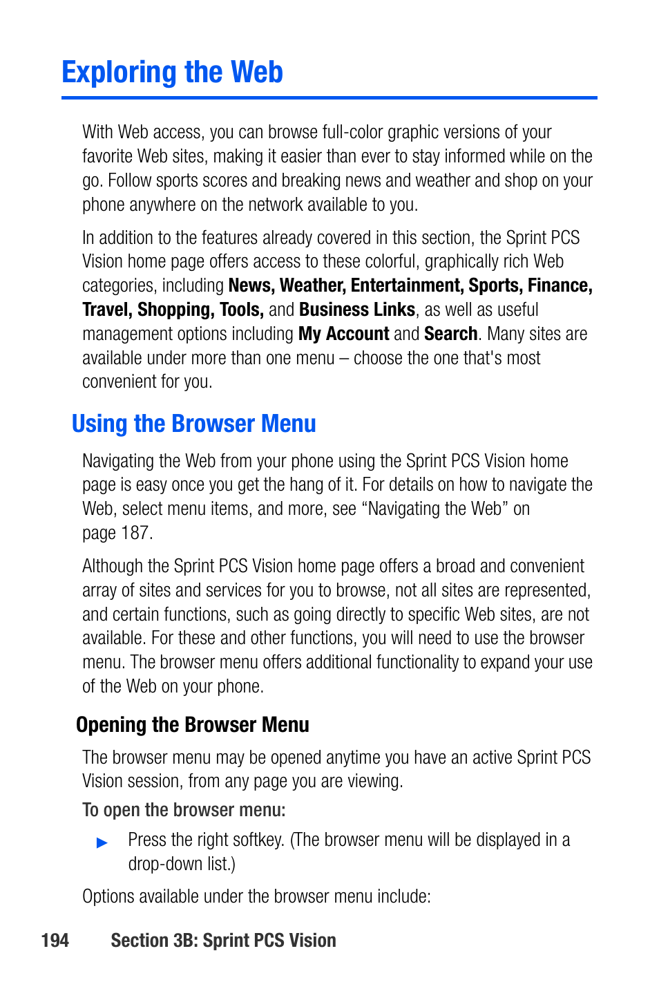 Exploring the web, Using the browser menu | Samsung SEPA920WSAQST User Manual | Page 216 / 246