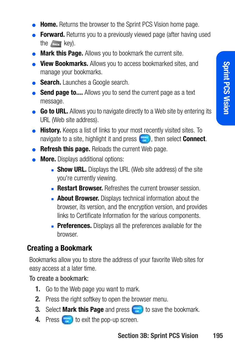 Sprint pcs v ision, Creating a bookmark | Samsung SEPA920WSAQST User Manual | Page 217 / 246