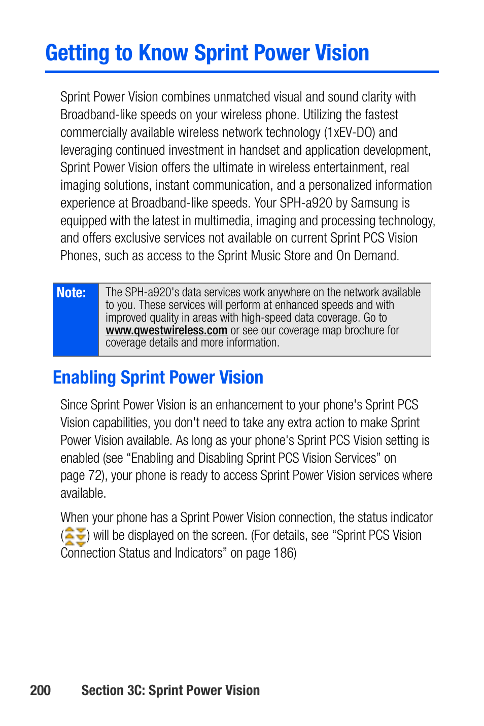 Getting to know sprint power vision, Enabling sprint power vision | Samsung SEPA920WSAQST User Manual | Page 222 / 246