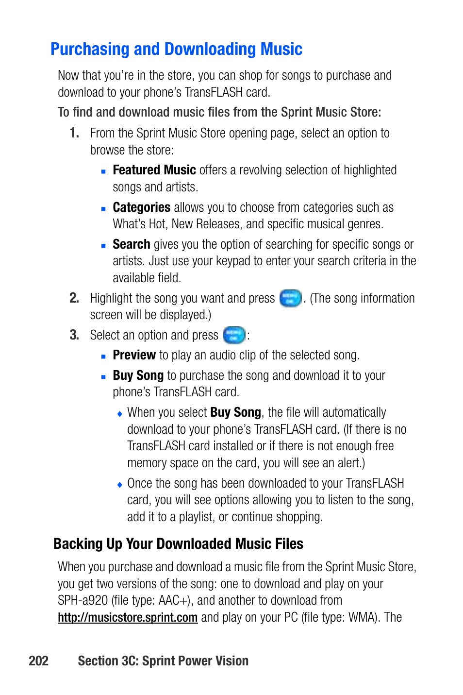 Purchasing and downloading music, Backing up your downloaded music files | Samsung SEPA920WSAQST User Manual | Page 224 / 246