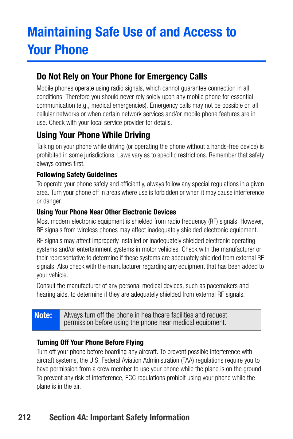 Maintaining safe use of and access to your phone, Do not rely on your phone for emergency calls, Using your phone while driving | Samsung SEPA920WSAQST User Manual | Page 234 / 246