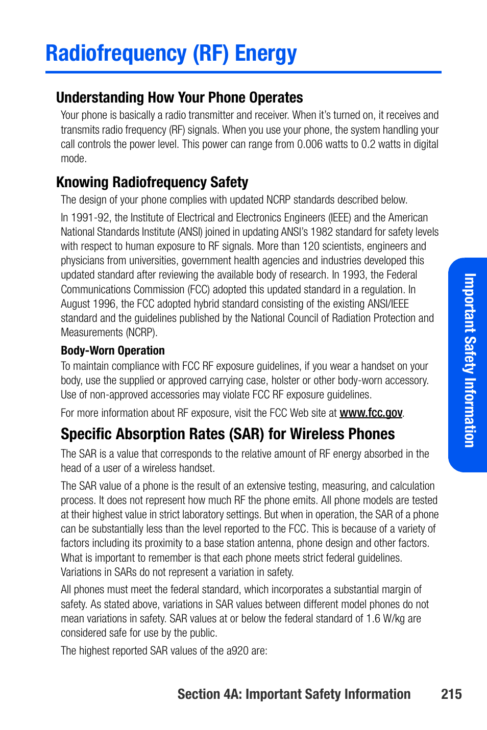 Radiofrequency (rf) energy, Impo rtant safety information, Understanding how your phone operates | Knowing radiofrequency safety | Samsung SEPA920WSAQST User Manual | Page 237 / 246