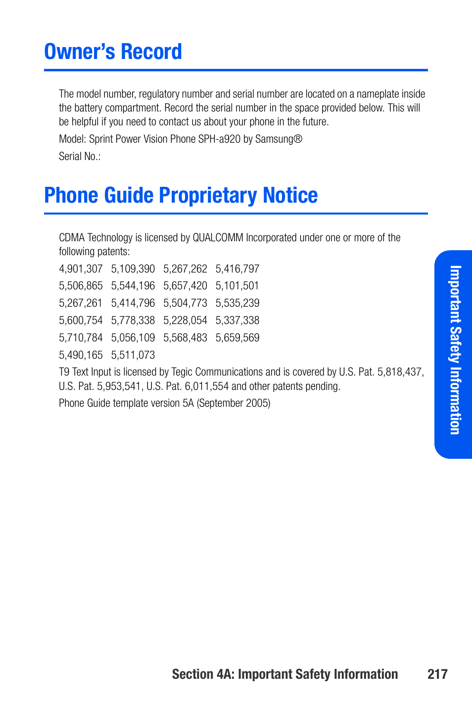 Owner’s record, Phone guide proprietary notice | Samsung SEPA920WSAQST User Manual | Page 239 / 246