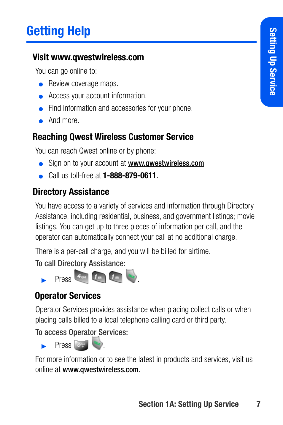 Getting help, Setting up ser vice, Reaching qwest wireless customer service | Directory assistance, Operator services | Samsung SEPA920WSAQST User Manual | Page 29 / 246