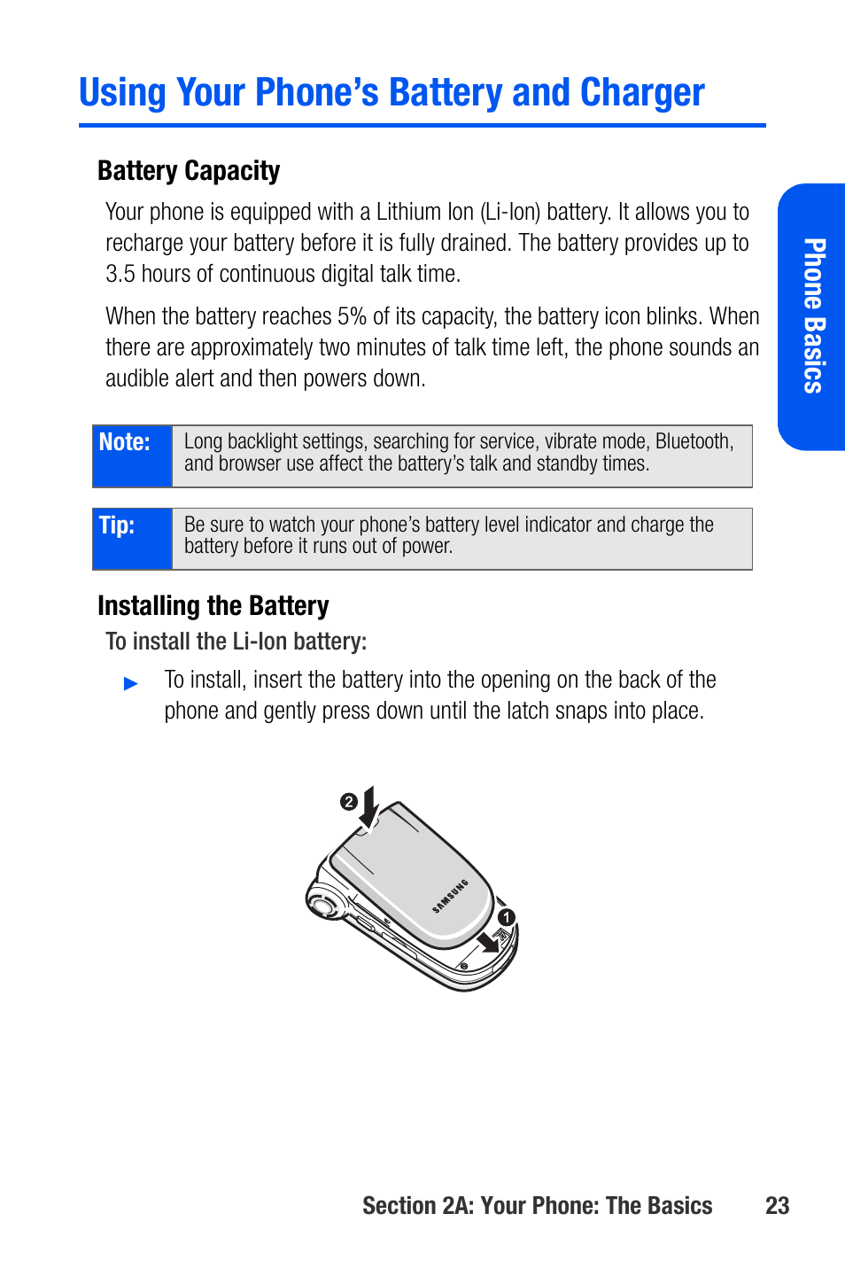Using your phone’s battery and charger, Phone basics | Samsung SEPA920WSAQST User Manual | Page 45 / 246