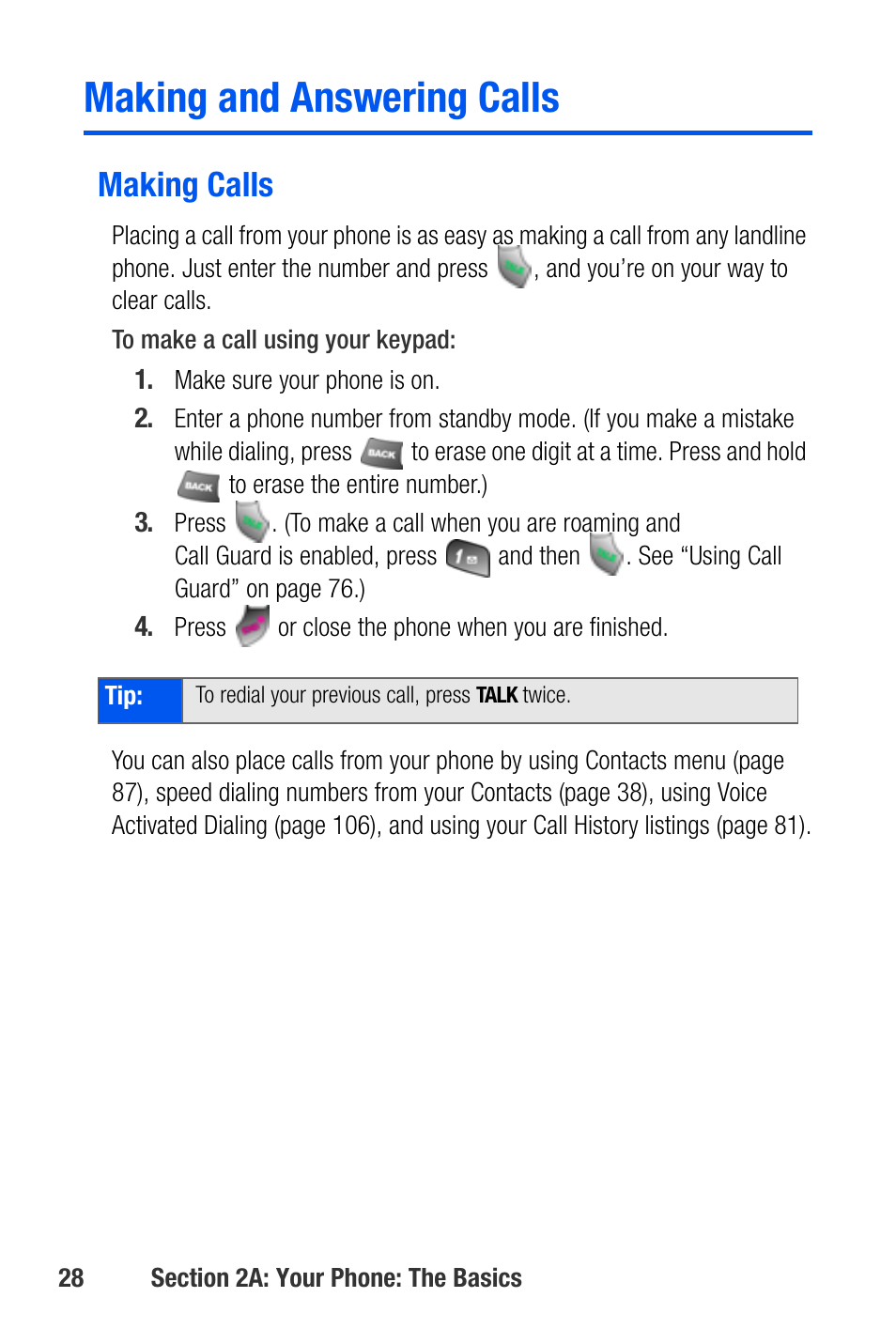 Making and answering calls, Making calls | Samsung SEPA920WSAQST User Manual | Page 50 / 246